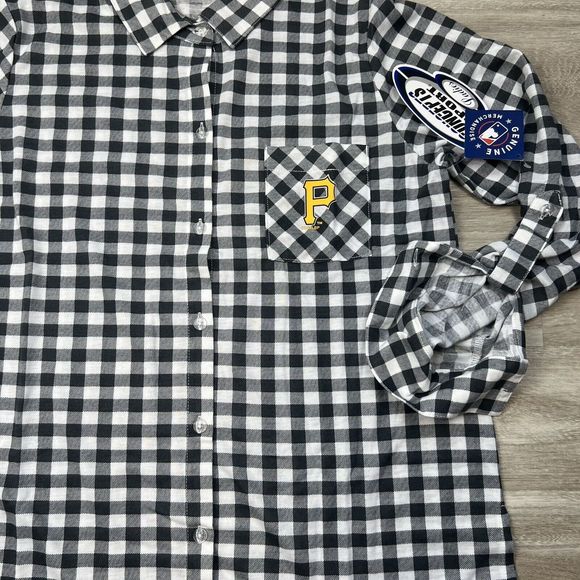 Pittsburg Pirates Pajamas Womens Medium Charcoal  Plaid Button Up Sleep Wear Top - Picture 5 of 16